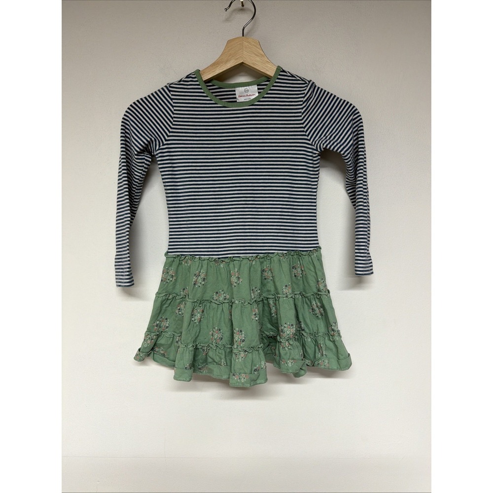 Hanna Andersson Girls Dress Size 110 5-6 Years Striped Ruffle Floral Long Sleeve